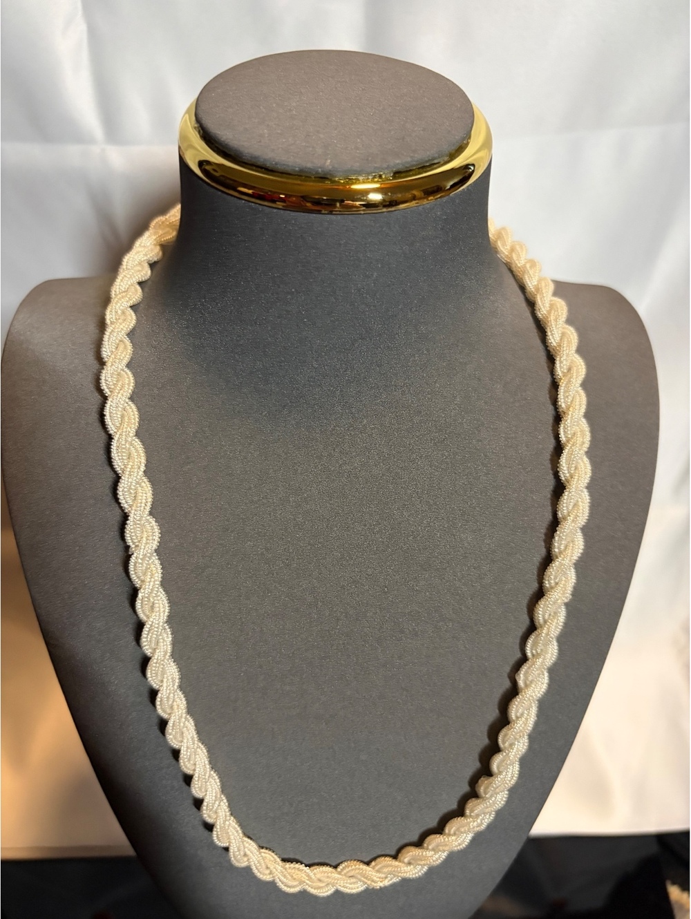 Cream Braided Necklace with Gold Tone Ring Clasp